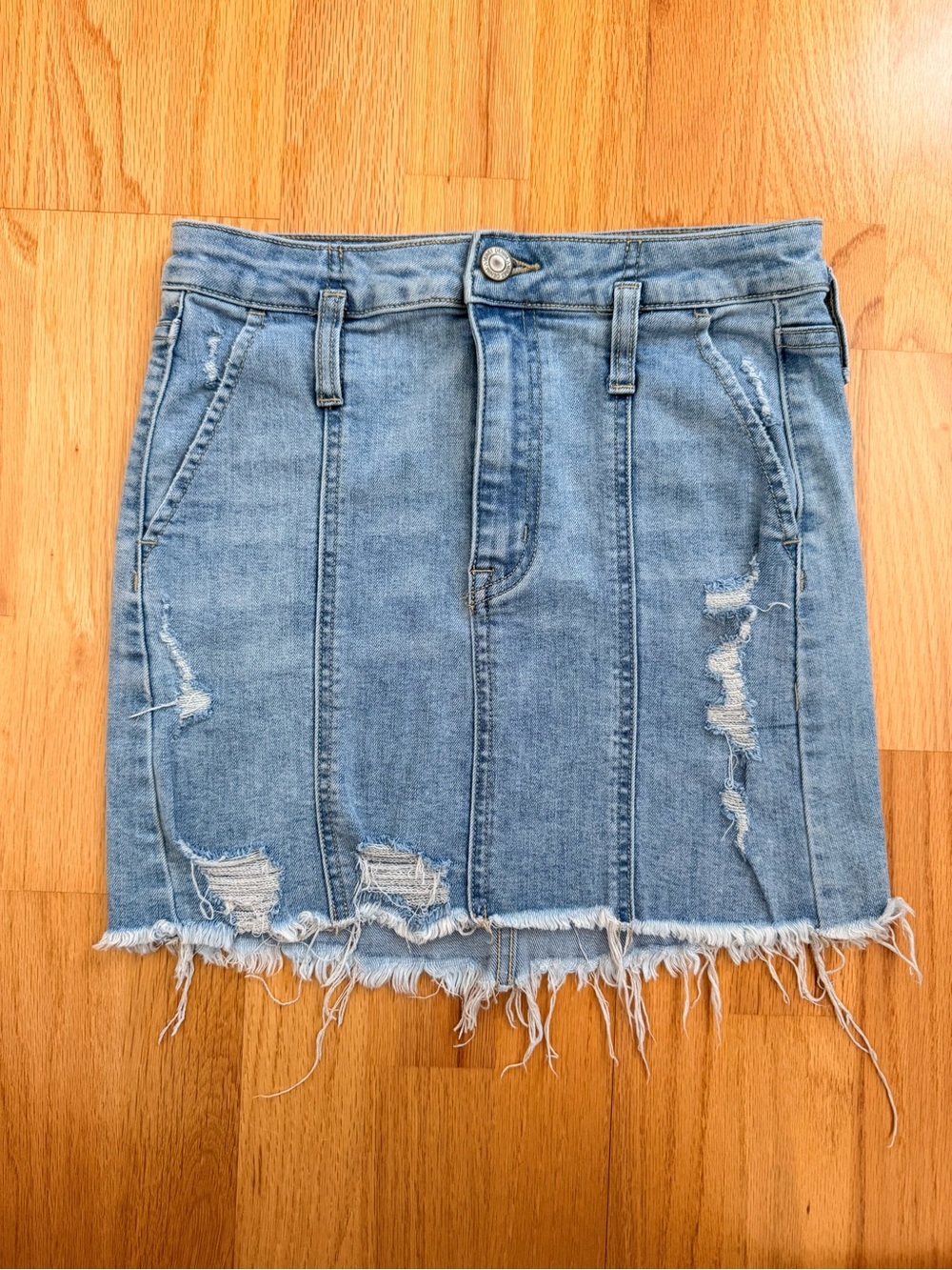 Light Wash Distressed Denim Mini Skirt